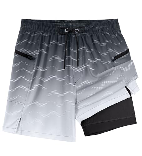 APTRO Herren Badehose Badeshorts mit Reißverschlusstaschen Schnelltrocknend 2 in 1 Boardshorts mit Luftlöchern Wellenmuster MK042 Schwarz 3XL von APTRO