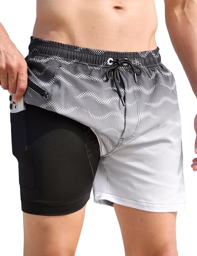 APTRO Herren Badehose Badeshorts mit Reißverschlusstaschen Schnelltrocknend 2 in 1 Boardshorts mit Luftlöchern Wellenmuster MK042 Schwarz XL von APTRO