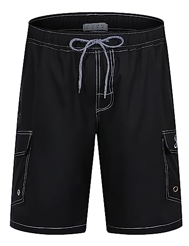 APTRO Herren Badehose Lang Schnelltrocknend Boardshorts Sommer Urlaub Freizeit Short mit Innenhose Cargo Schwarz MK129 L von APTRO