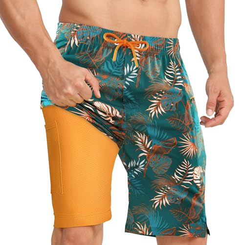APTRO Herren Badehose Lang mit Kompression Liner Schnelltrocknend Badeshorts Schwimmhose 2 in 1 Badehosen mit Reißverschlusstasche Bunte Orange MK328 XL von APTRO