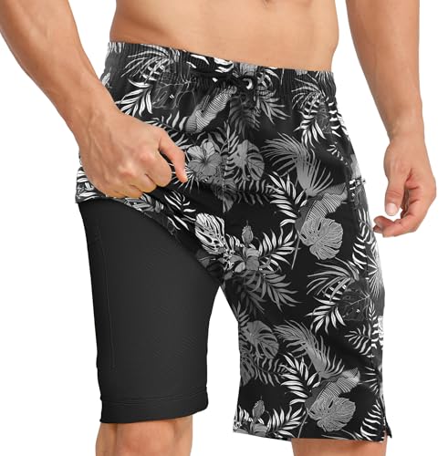 APTRO Herren Badehose Lang mit Kompression Liner Schnelltrocknend Badeshorts Schwimmhose 2 in 1 Badehosen mit Reißverschlusstasche Bunte Schwarz MK330 XL von APTRO
