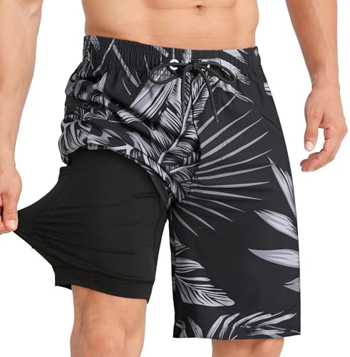 APTRO Herren Badehose Lang mit Kompression Liner Schnelltrocknend Badeshorts Schwimmhose 2 in 1 Badehosen mit Reißverschlusstasche Grey Leaf Schwarz MK377 XL von APTRO