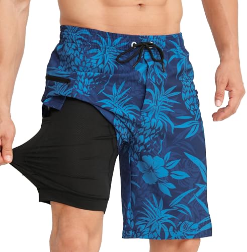 APTRO Herren Badehose Lang mit Kompression Liner Schnelltrocknend Badeshorts Schwimmhose 2 in 1 Badehosen mit Reißverschlusstasche Innenhose Surfen Strandhose Ananas Dunkelblau MK376 XL von APTRO