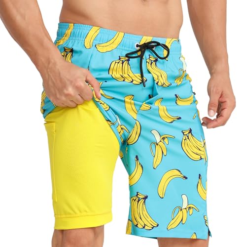APTRO Herren Badehose Lang mit Kompression Liner Schnelltrocknend Badeshorts Schwimmhose 2 in 1 Badehosen mit Reißverschlusstasche Innenhose Surfen Strandhose Bananenblau MK379 XXL von APTRO