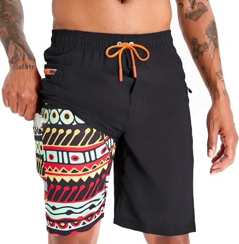 APTRO Herren Badehose Lang mit Kompression Liner Schnelltrocknend Badeshorts Schwimmhose 2 in 1 Badehosen mit Reißverschlusstasche Innenhose Surfen Strandhose Böhmen MK283 L von APTRO