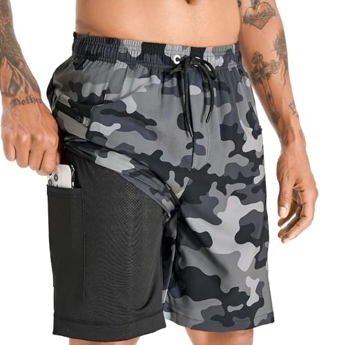 APTRO Herren Badehose Lang mit Kompression Liner Schnelltrocknend Badeshorts Schwimmhose 2 in 1 Badehosen mit Reißverschlusstasche Innenhose Surfen Strandhose Camo Grau MK284 3XL von APTRO