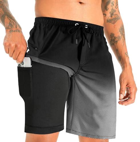 APTRO Herren Badehose Lang mit Kompression Liner Schnelltrocknend Badeshorts Schwimmhose 2 in 1 Badehosen mit Reißverschlusstasche Innenhose Surfen Strandhose Farbverlauf Schwarz MK352 XL von APTRO