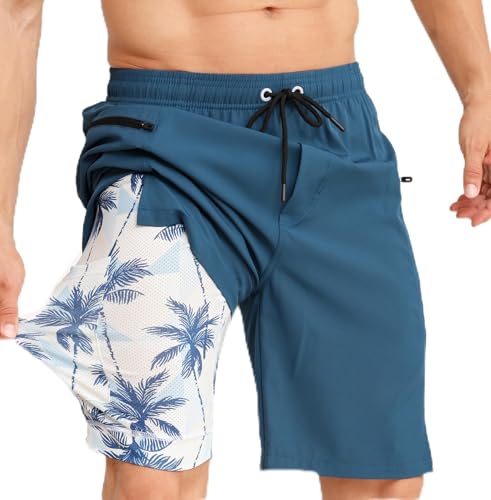 APTRO Herren Badehose Lang mit Kompression Liner Schnelltrocknend Badeshorts Schwimmhose 2 in 1 Badehosen mit Reißverschlusstasche Innenhose Surfen Strandhose Loch Ness Blau MK380 S von APTRO