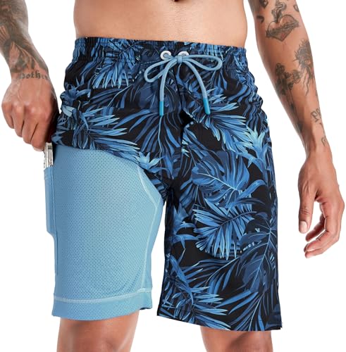 APTRO Herren Badehose Lang mit Kompression Liner Schnelltrocknend Badeshorts Schwimmhose 2 in 1 Badehosen mit Reißverschlusstasche Innenhose Surfen Strandhose Palm Blau MK282 S von APTRO