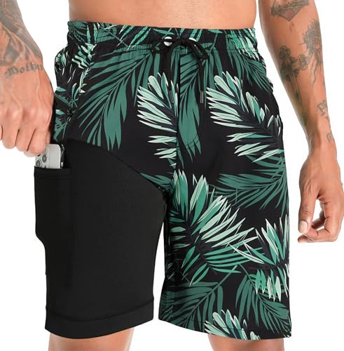 APTRO Herren Badehose Lang mit Kompression Liner Schnelltrocknend Badeshorts Schwimmhose 2 in 1 Badehosen mit Reißverschlusstasche Innenhose Surfen Strandhose Palm Grün MK354 3XL von APTRO