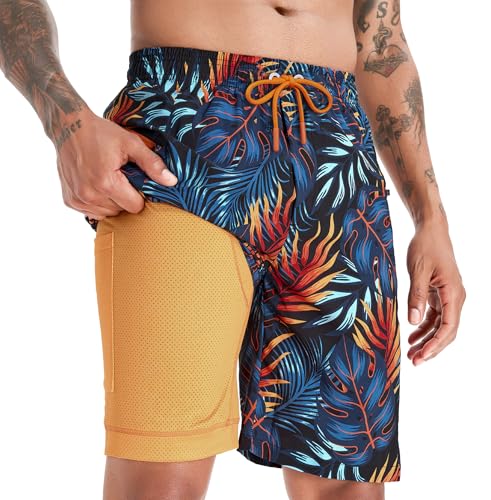 APTRO Herren Badehose Lang mit Kompression Liner Schnelltrocknend Badeshorts Schwimmhose 2 in 1 Badehosen mit Reißverschlusstasche Innenhose Surfen Strandhose Palm Orange MK281 XL von APTRO