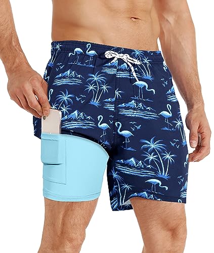 APTRO Herren Badehose Schwimmhose Board Shorts Kurz Schnelltrocknend 2 in 1 Gym Shorts Blau Flamingo MK268 M von APTRO