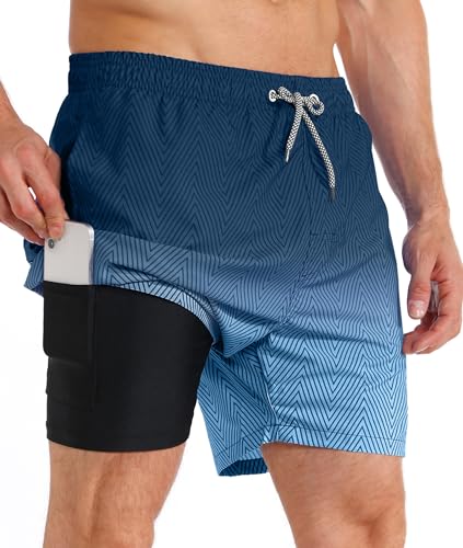 APTRO Herren Badehose Badeshorts Schwimmhose Board Shorts Kurz Schnelltrocknend 2 in 1 Strand Shorts mit Innenhose Blau MK172 XL von APTRO