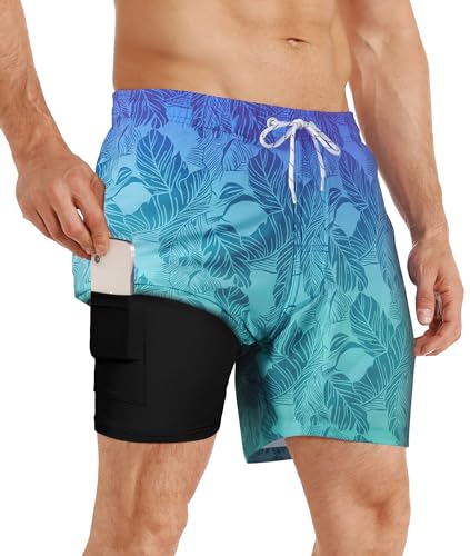 APTRO Herren Badehose Schwimmhose Board Shorts Kurz Schnelltrocknend 2 in 1 Gym Shorts Farbverlauf Blau MK271 M von APTRO