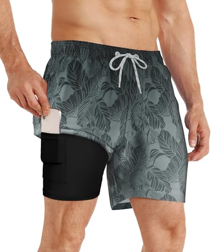 APTRO Herren Badehose Schwimmhose Board Shorts Kurz Schnelltrocknend 2 in 1 Gym Shorts Farbverlauf Grau MK272 3XL von APTRO