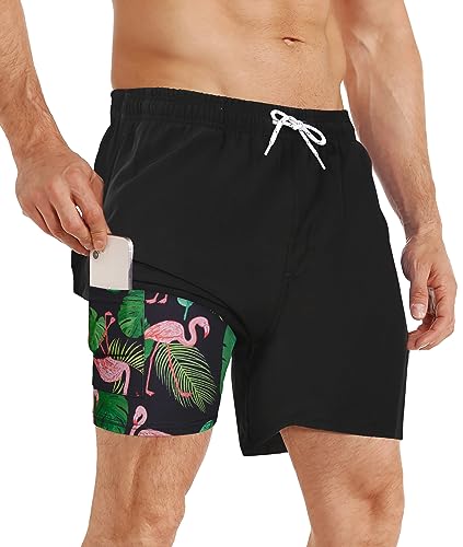 APTRO Herren Badehose Schwimmhose Board Shorts Kurz Schnelltrocknend 2 in 1 Gym Shorts Schwarz Flamingo MK256 XL von APTRO