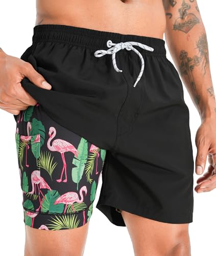 APTRO Herren Badehose Badeshorts Schwimmhose Board Shorts Kurz Schnelltrocknend 2 in 1 Strand Shorts mit Innenhose Schwarz Flamingo MK256 XL von APTRO