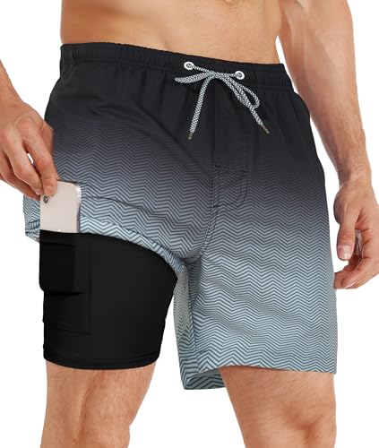 APTRO Herren Badehose Badeshorts Schwimmhose Board Shorts Kurz Schnelltrocknend 2 in 1 Strand Shorts mit Innenhose Schwarz MK173 XXL von APTRO