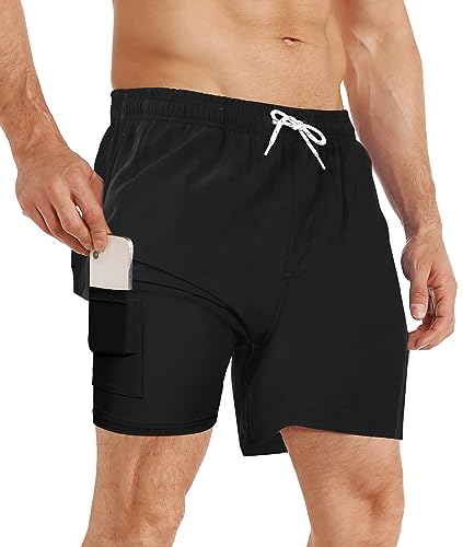 APTRO Herren Badehose Schwimmhose Board Shorts Kurz Schnelltrocknend 2 in 1 Gym Shorts Schwarz MK199 L von APTRO