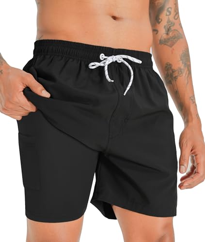APTRO Herren Badehose Badeshorts Schwimmhose Board Shorts Kurz Schnelltrocknend 2 in 1 Strand Shorts mit Innenhose Schwarz MK199 XL von APTRO