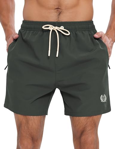 APTRO Herren Badehosen Schnelltrocknend Boardshorts Reißverschlusstaschen Badeshorts mit Mesh-Futter Einfarbig Sport Shorts Dunkelgrün L von APTRO