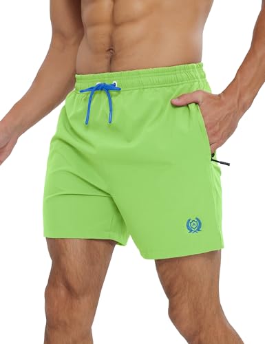 APTRO Herren Badehosen Schnelltrocknend Boardshorts Reißverschlusstaschen Badeshorts mit Mesh-Futter Einfarbig Sport Shorts Leuchtgrün XXL von APTRO