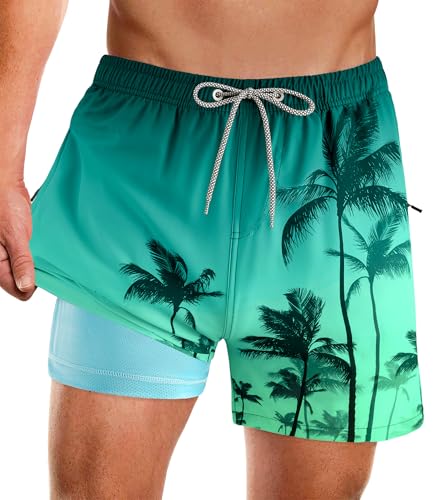 APTRO Herren Badeshorts Badehose mit Innenhose Schnelltrocknend Boardshorts mit Reißverschlusstaschen Sport Shorts Palm Grün M5-53 XXL von APTRO