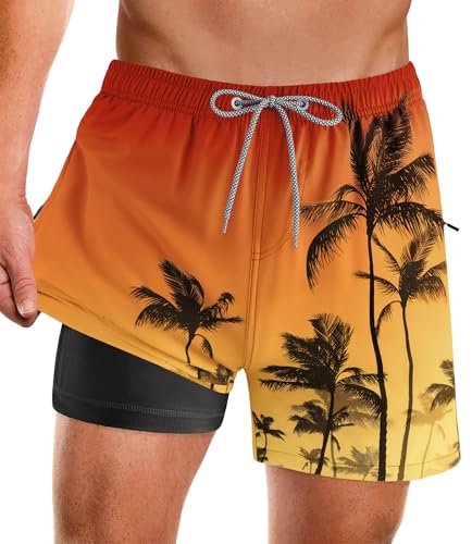 APTRO Herren Badeshorts Badehose mit Innenhose Schnelltrocknend Boardshorts mit Reißverschlusstaschen Sport Shorts Palm Orange M5-54 XXL von APTRO