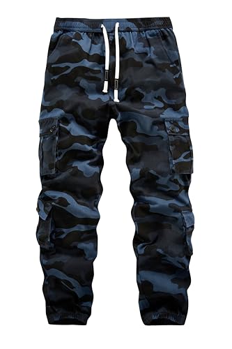 APTRO Herren Cargo Hose Camouflage Freizeithose Elastische Taille Arbeitshose Lange Baumwolle Jogginghose mit 8 Tachen LT45 Blau Tarnfarbe 2XL von APTRO