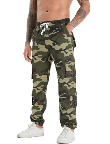 APTRO Herren Cargo Hose Camouflage Hose Elastische Taille Arbeitshose Lange Baumwolle Leichte Hose mit 8 Tachen LT42 Camo Grün 3XL von APTRO