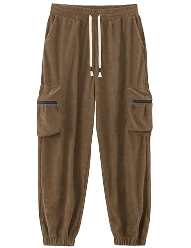 APTRO Herren Cordhose Cargo Hosen mit Reißverschluss Taschen Freizeit Elastische Taille Lang Jogginghose Braun L von APTRO
