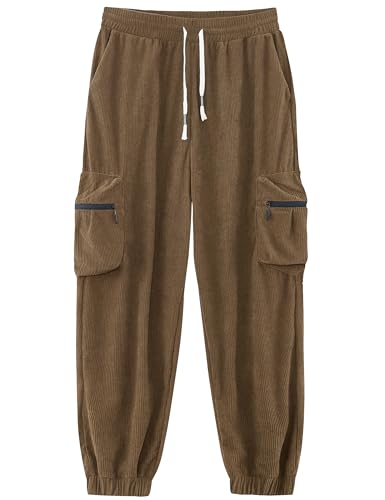 APTRO Herren Cordhose Cargo Hosen mit Reißverschluss Taschen Freizeit Elastische Taille Lang Jogginghose Braun M von APTRO