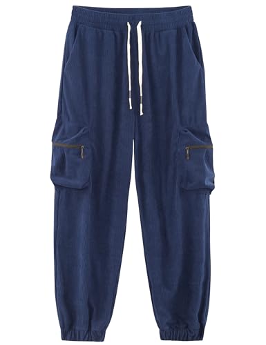 APTRO Herren Cordhose Cargo Hosen mit Reißverschluss Taschen Freizeit Elastische Taille Lang Jogginghose Dunkelblau 3XL von APTRO