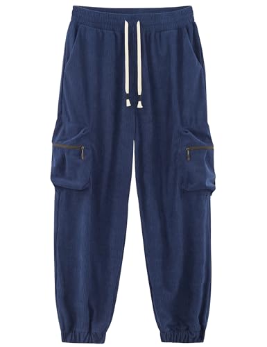 APTRO Herren Cordhose Cargo Hosen mit Reißverschluss Taschen Freizeit Elastische Taille Lang Jogginghose Dunkelblau XXL von APTRO