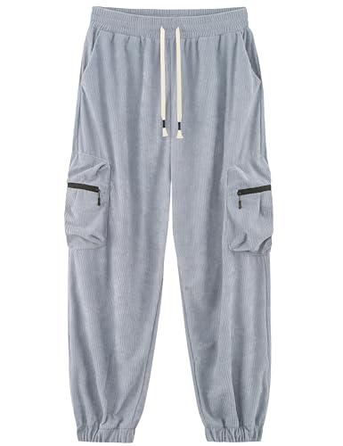 APTRO Herren Cordhose Cargo Hosen mit Reißverschluss Taschen Freizeit Elastische Taille Lang Jogginghose Grau L von APTRO
