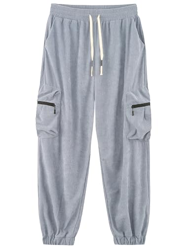 APTRO Herren Cordhose Cargo Hosen mit Reißverschluss Taschen Freizeit Elastische Taille Lang Jogginghose Grau XL von APTRO