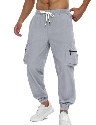 APTRO Herren Cordhose Cargo Hosen mit Reißverschluss Taschen Freizeit Elastische Taille Lang Jogginghose Grau XXL von APTRO