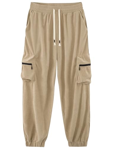 APTRO Herren Cordhose Cargo Hosen mit Reißverschluss Taschen Freizeit Elastische Taille Lang Jogginghose Khaki 3XL von APTRO