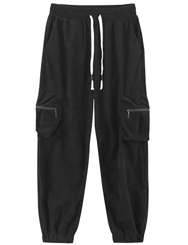 APTRO Herren Cordhose Cargo Hosen mit Reißverschluss Taschen Freizeit Elastische Taille Lang Jogginghose Schwarz 3XL von APTRO