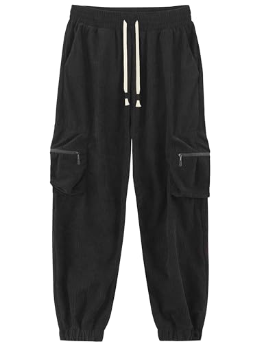 APTRO Herren Cordhose Cargo Hosen mit Reißverschluss Taschen Freizeit Elastische Taille Lang Jogginghose Schwarz M von APTRO