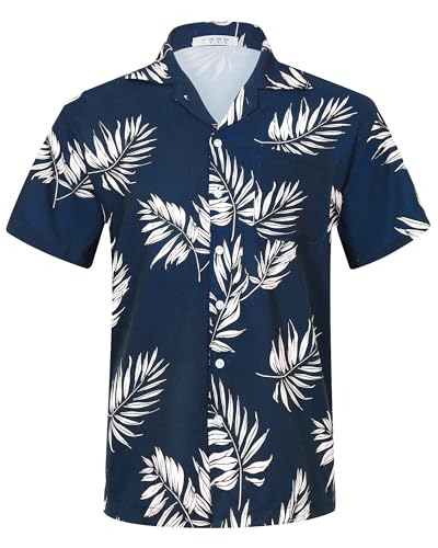 APTRO Herren Hemd Hawaiihemd Freizeit Hemd Kurzarm Urlaub Hemd Reise Shirt Blatt Blau HW024 4XL von APTRO