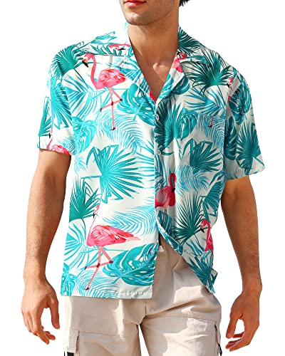 APTRO Herren Hemd Hawaiihemd Freizeit Hemd Kurzarm Urlaub Hemd Reise Shirt Grün Flamingo MF097 5XL von APTRO