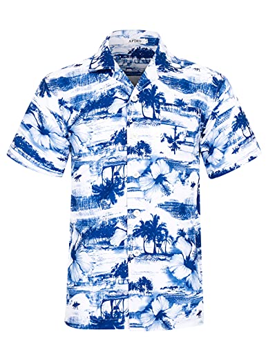 APTRO Herren Hemd Hawaiihemd Freizeit Hemd Kurzarm Urlaub Hemd Reise Shirt Blatt Blau E12 3XL von APTRO