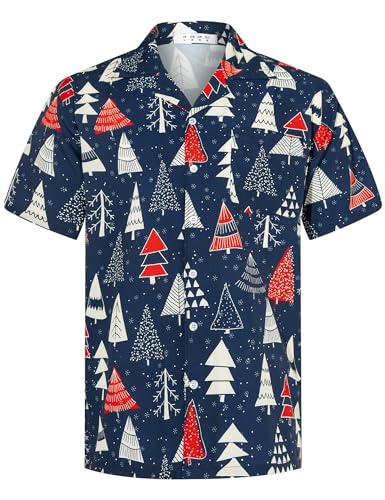 APTRO Herren Hemd Hawaiihemd Freizeit Hemd Kurzarm Urlaub Hemd Reise Shirt Weihnachtsbaum Blau M187 3XL von APTRO