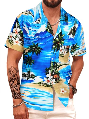 APTRO Herren Hemd Hawaiihemd Kurzarm Hemd Freizeit Urlaub Hemd Reise Shirt Sommer Blumen Hemd Hawaii Blau M098 M von APTRO
