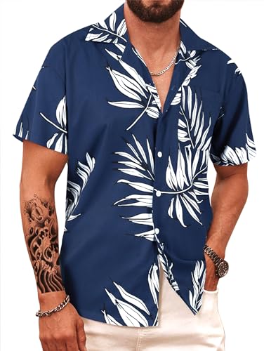 APTRO Herren Hemd Hawaiihemd Kurzarm Hemd Freizeit Urlaub Hemd Reise Shirt Sommer Hemd Blatt Blau HW024 5XL von APTRO