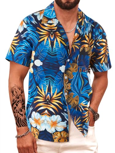 APTRO Herren Hemd Hawaiihemd Kurzarm Hemd Freizeit Urlaub Hemd Reise Shirt Sommer Hemd Blau Blatt F245 XXL von APTRO
