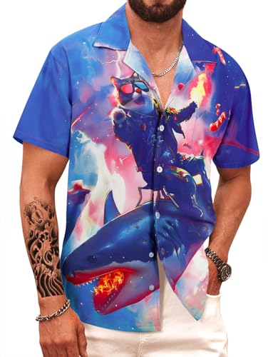 APTRO Herren Hawaiihemd Kurzarm Freizeit Urlaub Reise Shirt Sommer Hemd Katze Hai F212 XL von APTRO