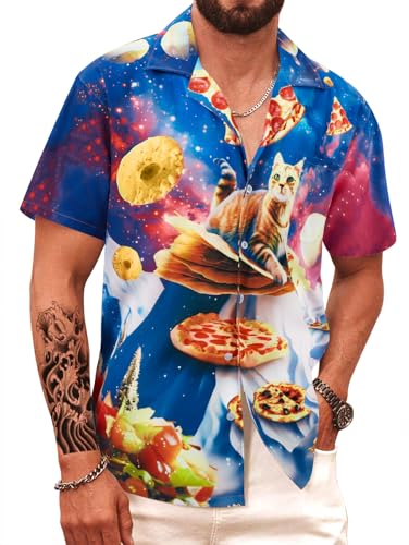 APTRO Herren Hemd Hawaiihemd Kurzarm Hemd Freizeit Urlaub Hemd Reise Shirt Sommer Hemd Katze Pizza F214 XXL von APTRO
