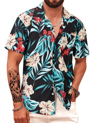 APTRO Herren Hawaiihemd Kurzarm Freizeit Urlaub Reise Shirt Sommer Hemd Schwarz Blumen F208 4XL von APTRO